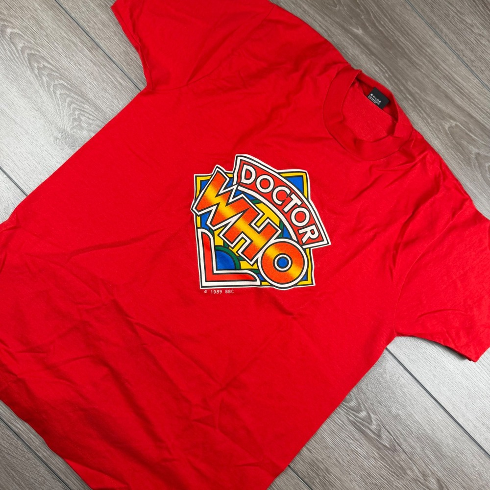 Screen Stars Mens T-Shirt Vintage 1989 Doctor Who BBC Graphic Red XL